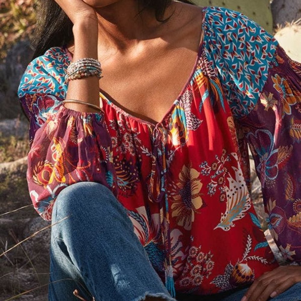 Johnny Was Red and Blue Floral Blouse